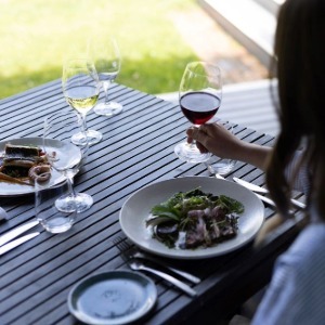 Enjoying a fine meal with wine and a beautiful view.