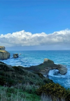 An image of the sea crashing on the Dunedin coastline