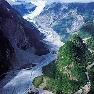 Aerial view of Fox Glacier and surrounding mountains