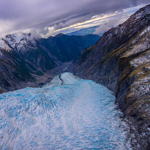 View from the top of Fox Glacier on a cloudy day