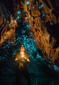 A person stands holding a light inside a dark cave, surrounded by glowworms.