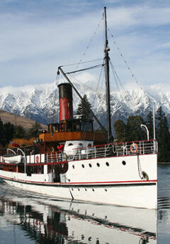 TSS Earnslaw under the snowy Remarkable mountains