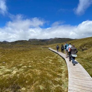 Group of travellers hiking towards Cradle Mountain