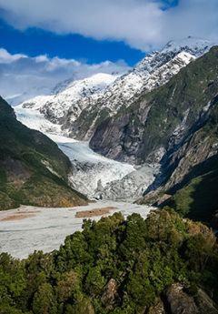 View of Franz Josef Glacier framed by mountains