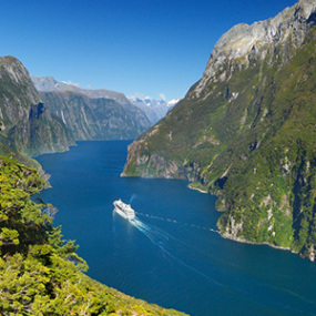 An aerial view over a Milford Sound cruising ship