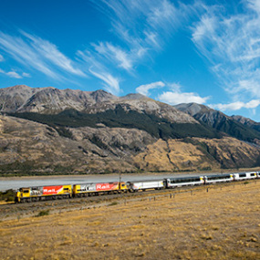 The Tranzalpine train cruising across the Craigieburn Straight