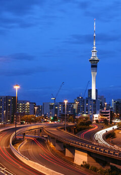 Image of Auckland skyline and Sky Tower in the evening