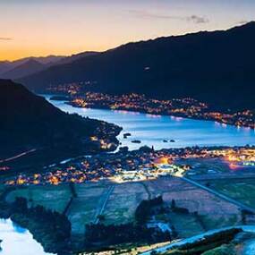 Aerial view over Queenstown at dusk