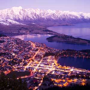 Aerial view over Queenstown at dusk