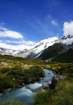 View of the hooker valley with snow capped mountains, New Zealand