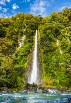 Waterfall hidden in greenery and into lush water