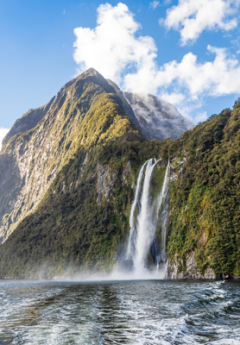 Rushing waterfalls in Doubtful Sound