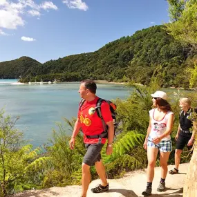 Hikers on walking trail in Abel Tasman National Park looking out along the coastline