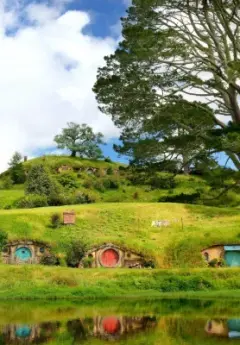 Hobbit holes in the green hills at Hobbiton