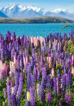 Blooming lupins in Mt Cook National Park looking over Lake Pukaki