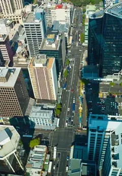 An aerial view of the Auckland highrises and busy streets