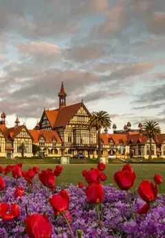 Town hall in Rotorua and colorful flowers in the front