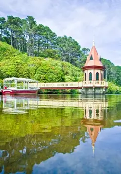 View over the water at Zealandia with boat and tower