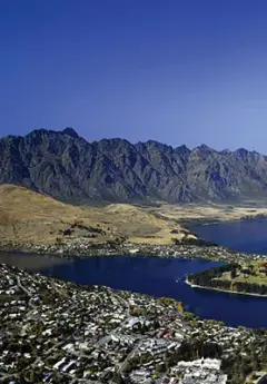 Views over Queenstown and lake Wakatipu and Remarkables range in the back