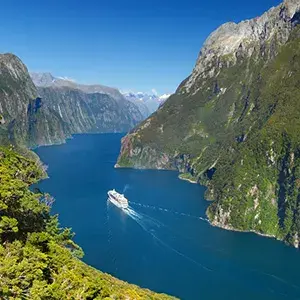 An aerial view over a Milford Sound cruising ship