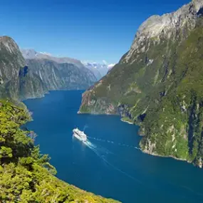 An aerial view over a Milford Sound cruising ship