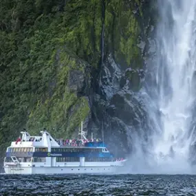 Cruising up to the Lady Bowen Falls in Milford Sound