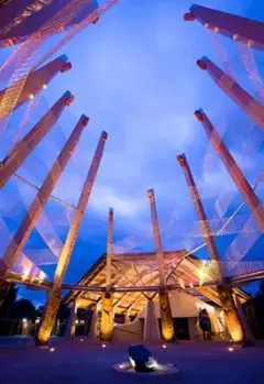 Illuminated Te Puia entrance with tall carved pillars