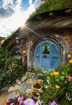 Hobbiton house with blue door surrounded by flowers.