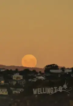 Moon rising behind the windy Wellington sign